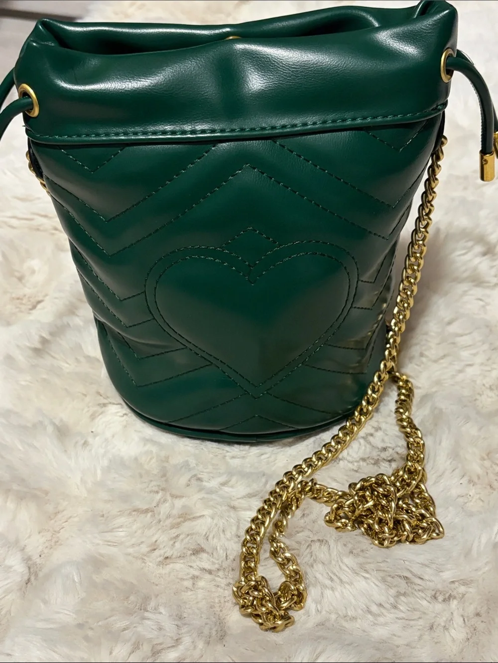 Green Marmont Quilted Bucket Crossbody with Gold Chain